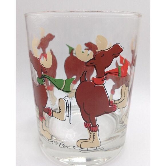 4 Vintage Cera Glasses / Tumblers Ice Skating Moose LowBall Eggnog Drinking Cups - Picture 12 of 13